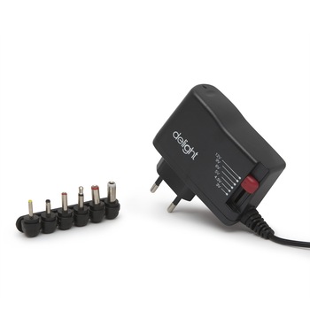 Set mufe si incarcator de retea cu voltaje multiple, Delight 55056b, 18 W, 1500 ma, 3-12 V, Negru Set mufe si incarcator de retea cu voltaje multiple, Delight 55056b, 18 W, 1500 ma, 3-12 V, Negru