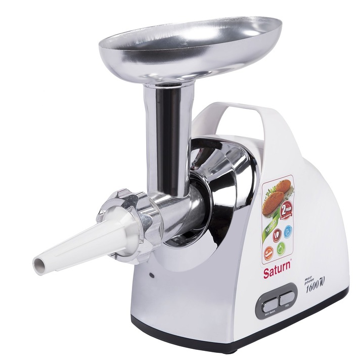 Masina de tocat Saturn ST-FP 0094К, 1200W, Functie Reverse, 3 Site de tocat, Accesoriu pentru carnati, Alb