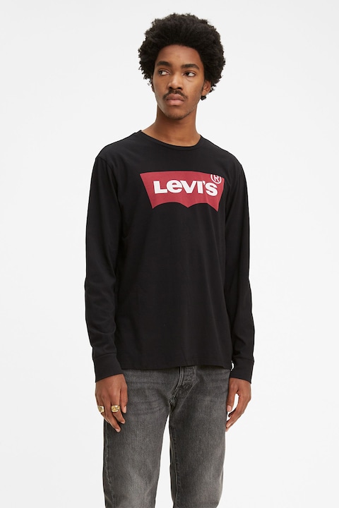 Levi's, Памучна блуза с лого, Бял/Черен