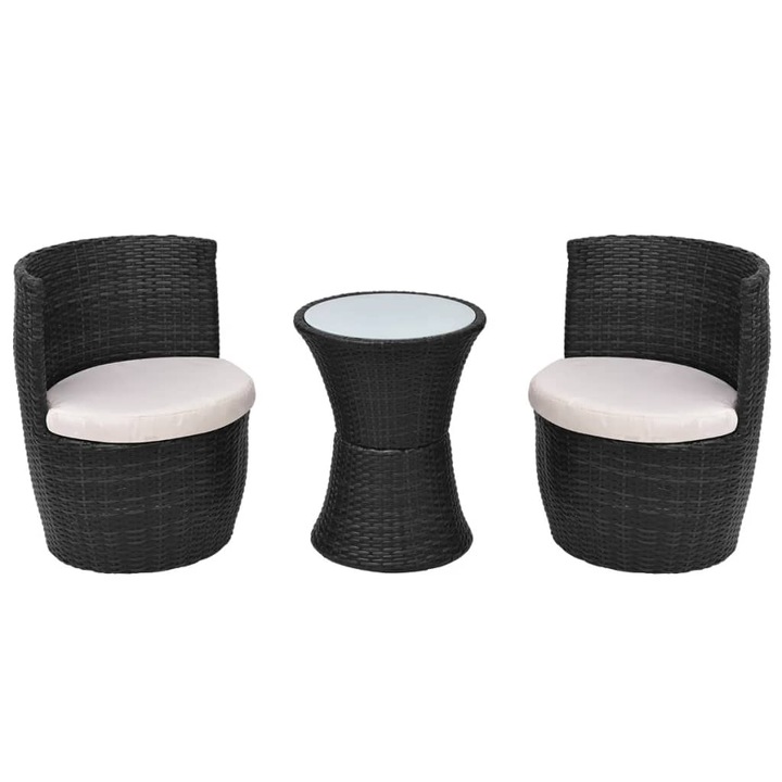 Set mobilier bistro cu perne vidaXL, 3 piese, negru, poliratan, 11.99 kg