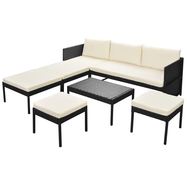 vidaXL 6-részes fekete polyrattan kerti bútorszett párnákkal 31.4 kg 43010