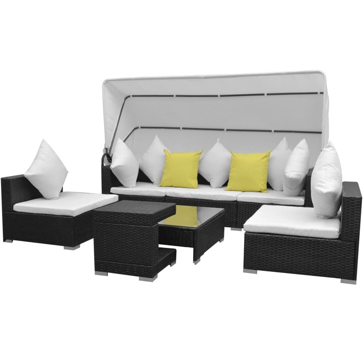 Set mobilier de gradina cu baldachin vidaXL, 7 piese, negru, poliratan, 56.32 kg 42750