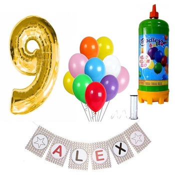 Set articole petrecere copii balon cifra 9, banner personalizat, butelie heliu si 10 baloane latex Set articole petrecere copii balon cifra 9, banner personalizat, butelie heliu si 10 baloane latex