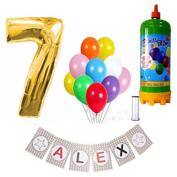 Set articole petrecere copii balon cifra 7, banner personalizat, butelie heliu si 10 baloane latex Set articole petrecere copii balon cifra 7, banner personalizat, butelie heliu si 10 baloane latex