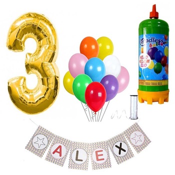 Set articole petrecere copii balon cifra 3, banner personalizat, butelie heliu si 10 baloane latex Set articole petrecere copii balon cifra 3, banner personalizat, butelie heliu si 10 baloane latex