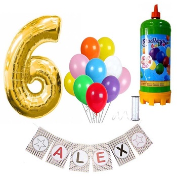Set articole petrecere copii balon cifra 6, banner personalizat, butelie heliu si 10 baloane latex Set articole petrecere copii balon cifra 6, banner personalizat, butelie heliu si 10 baloane latex