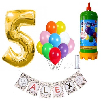 Set articole petrecere copii balon cifra 5, banner personalizat, butelie heliu si 10 baloane latex Set articole petrecere copii balon cifra 5, banner personalizat, butelie heliu si 10 baloane latex