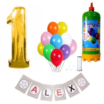 Set articole petrecere copii balon cifra 1, banner personalizat, butelie heliu si 10 baloane latex Set articole petrecere copii balon cifra 1, banner personalizat, butelie heliu si 10 baloane latex