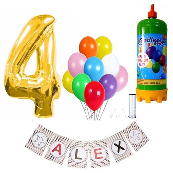 Set articole petrecere copii balon cifra 4, banner personalizat, butelie heliu si 10 baloane latex Set articole petrecere copii balon cifra 4, banner personalizat, butelie heliu si 10 baloane latex