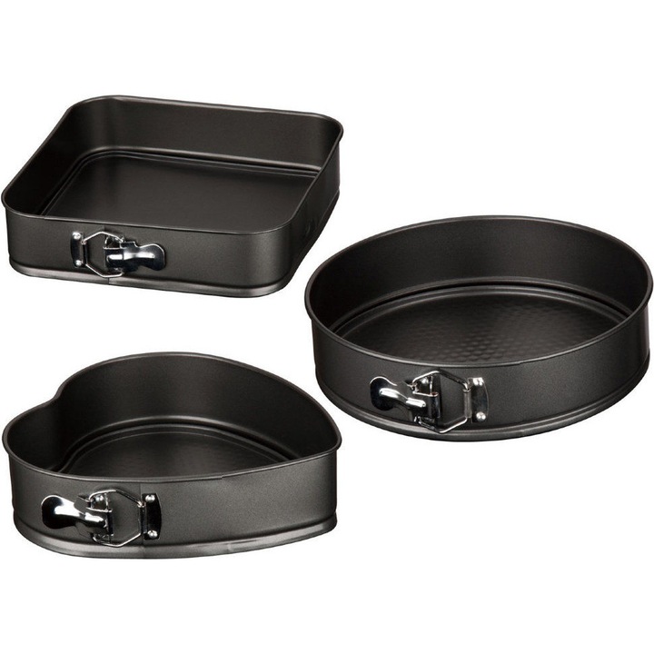 QYX Sütemény tepsi készlet, 3 db kapcsos forma, szív 24 cm, kerek 26 cm, négyzet 28 cm