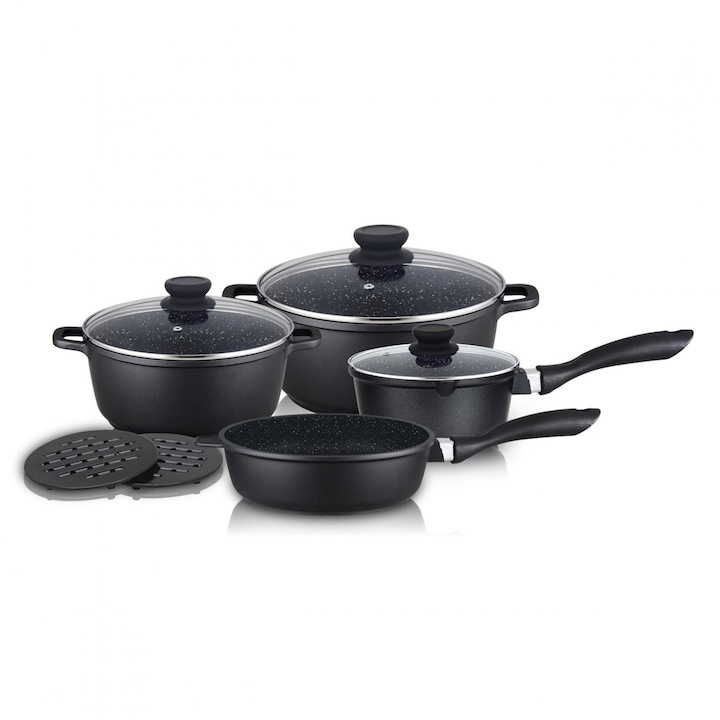 Set Oale, tigaie si accesorii ZEPHYR ZP 4318 M9, 9 piese, Acoperire marmura, Inductie, Negru