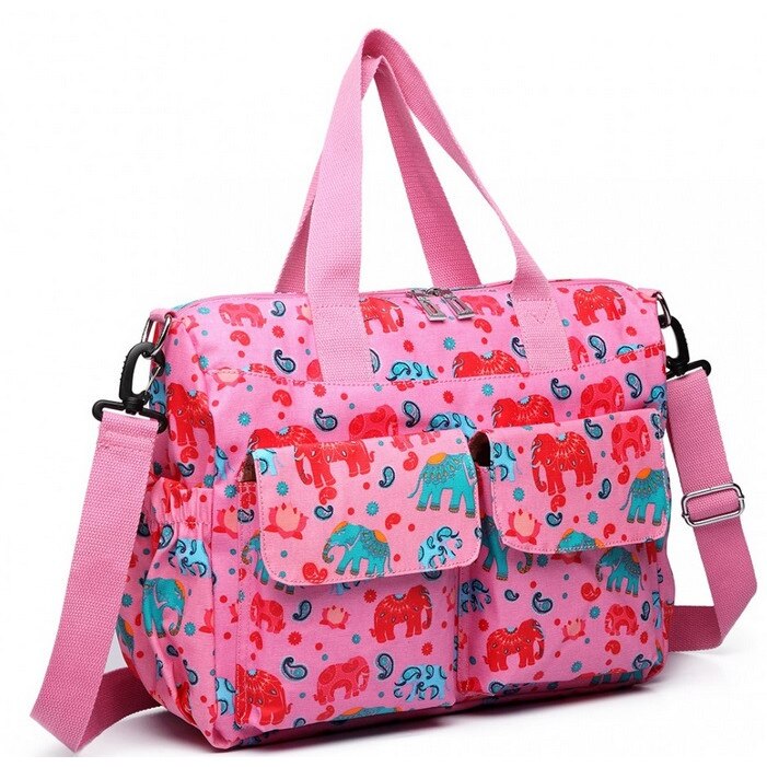 Geanta mamici, cu elefantei, roz, 38x12x37 cm