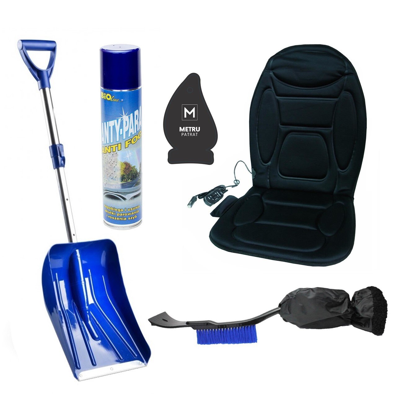 Pachet auto de iarna : Husa auto cu incalzire si masaj cu telecomanda + Lopata telescopica Alu Shovel + perie cu manusa si racleta gheata , 55cm + spray 300 ml pentru dezaburire parbriz + Odorizant Metru Patrat CADOU