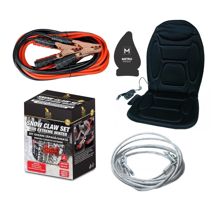 Pachet auto de iarna: Husa auto cu incalzire si masaj cu telecomanda + cablu sarcina otel 2 Tone + gheare zapada conditii extreme (tip lanturi antiderapante) + cabluri curent baterie 200 A + odorizant Metru Patrat CADOU
