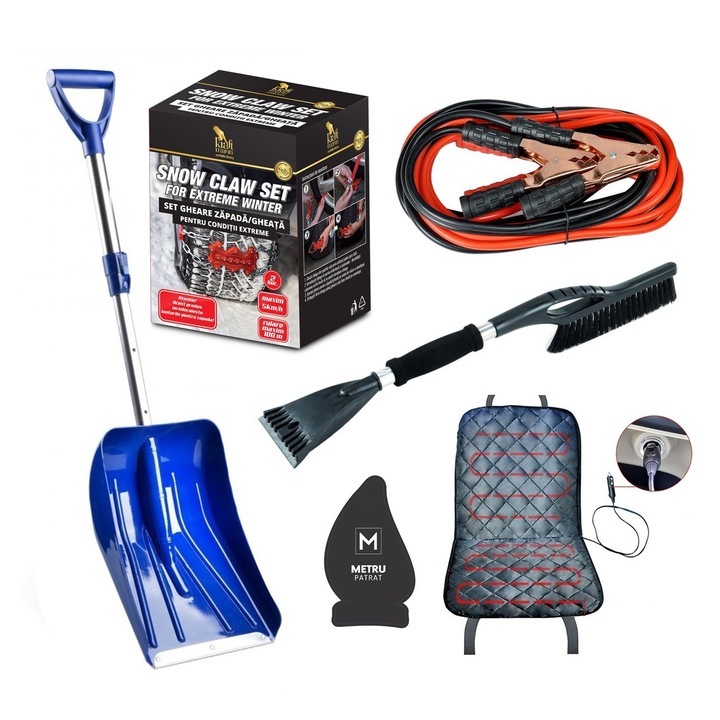 Pachet auto de iarna - Gheare zapada conditii extreme (tip lanturi antiderapante) + Perie si curatator Gheata,50cm,Soft grip + Husa auto cu incalzire 12V Neagra + Cabluri Curent Baterie 200 A + Lopata Telescopica Alu Shovel + Odorizant Metru Patrat CADOU