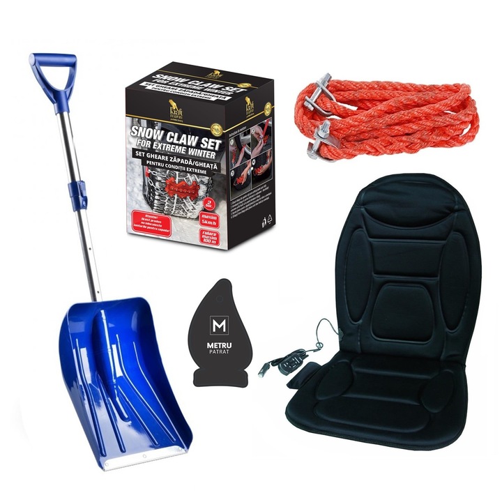 Pachet auto de iarna - Gheare zapada conditii extreme (tip lanturi antiderapante) + Husa Auto cu Incalzire si Masaj cu Telecomanda + Lopata Telescopica Alu Shovel + Franghie tractare 3,5 tone, 4 metri + Odorizant Metru Patrat CADOU