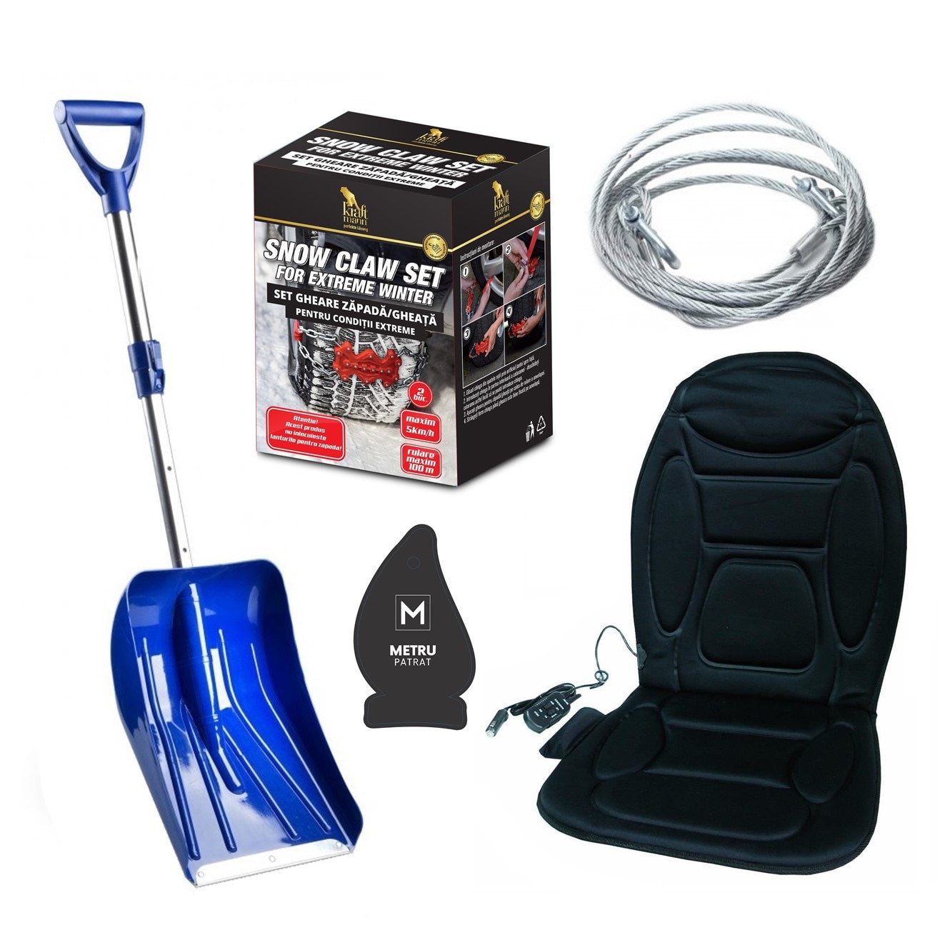 Pachet auto de iarna - Gheare zapada conditii extreme (tip lanturi antiderapante) + Husa Auto cu Incalzire si Masaj cu Telecomanda + Lopata Telescopica Alu Shovel + Cablu Sarcina Otel 2 Tone + Odorizant Metru Patrat CADOU