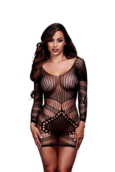 Rochie mini, Baci, Longsleeve, dantela, transparenta, elastica, Negru, One Size