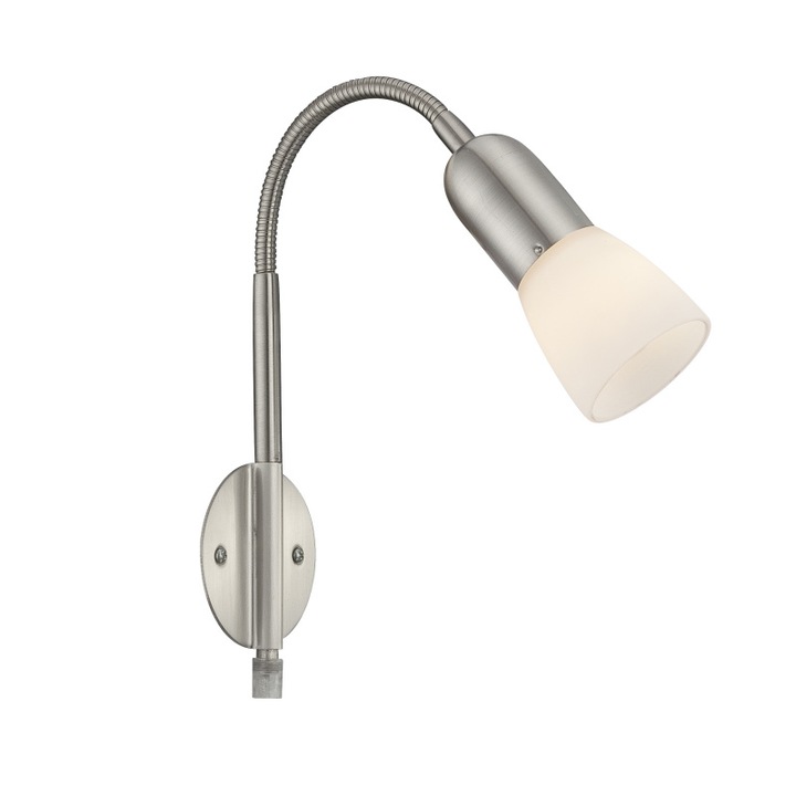 Aplica de perete nichel mat, sticla alb mat, inclusiv Cablu transparent 1,5 m, brat flexibil, comutator, 295x235x460mm, excl 1xE14 40W 230V