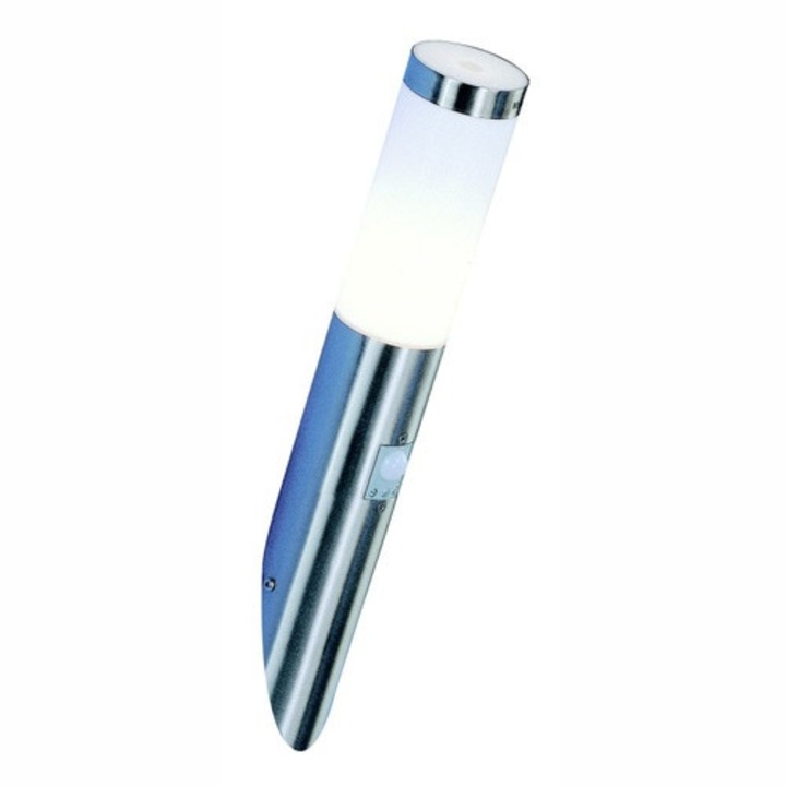 Aplica de exterior, otel inoxidabil, plastic alb, IP44, senzor: 90 °, gama: 9m, D: 76, H: 405, AL: 170, excl 1xE27 60W 230V