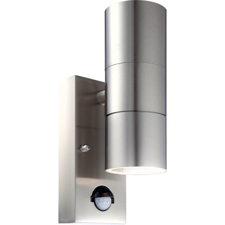 Aplica de exterior din otel inoxidabil, sticla transparenta, IP44, Senzor: 100 °, gama de 6m, WxH: 70x215, AL: 110, inclusiv 2xGU10 LED 5W 230V, 210lm, 3000K