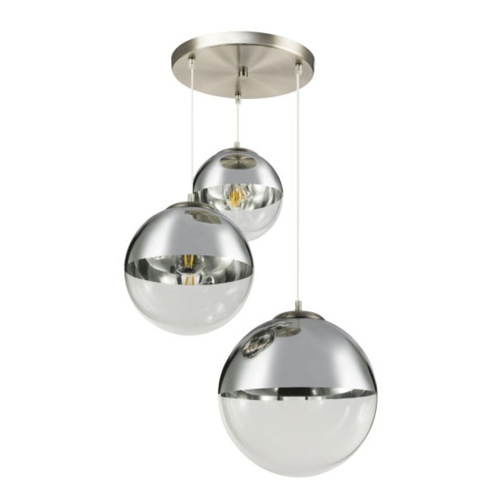 Pendul din nichel mat cu 3 sfere din sticla cromate/transparente cu dimensiunile de 20/25/30 cm, Globo, 15851-3, 510 x 1200, 3xE27, 40W 230V, Argintiu