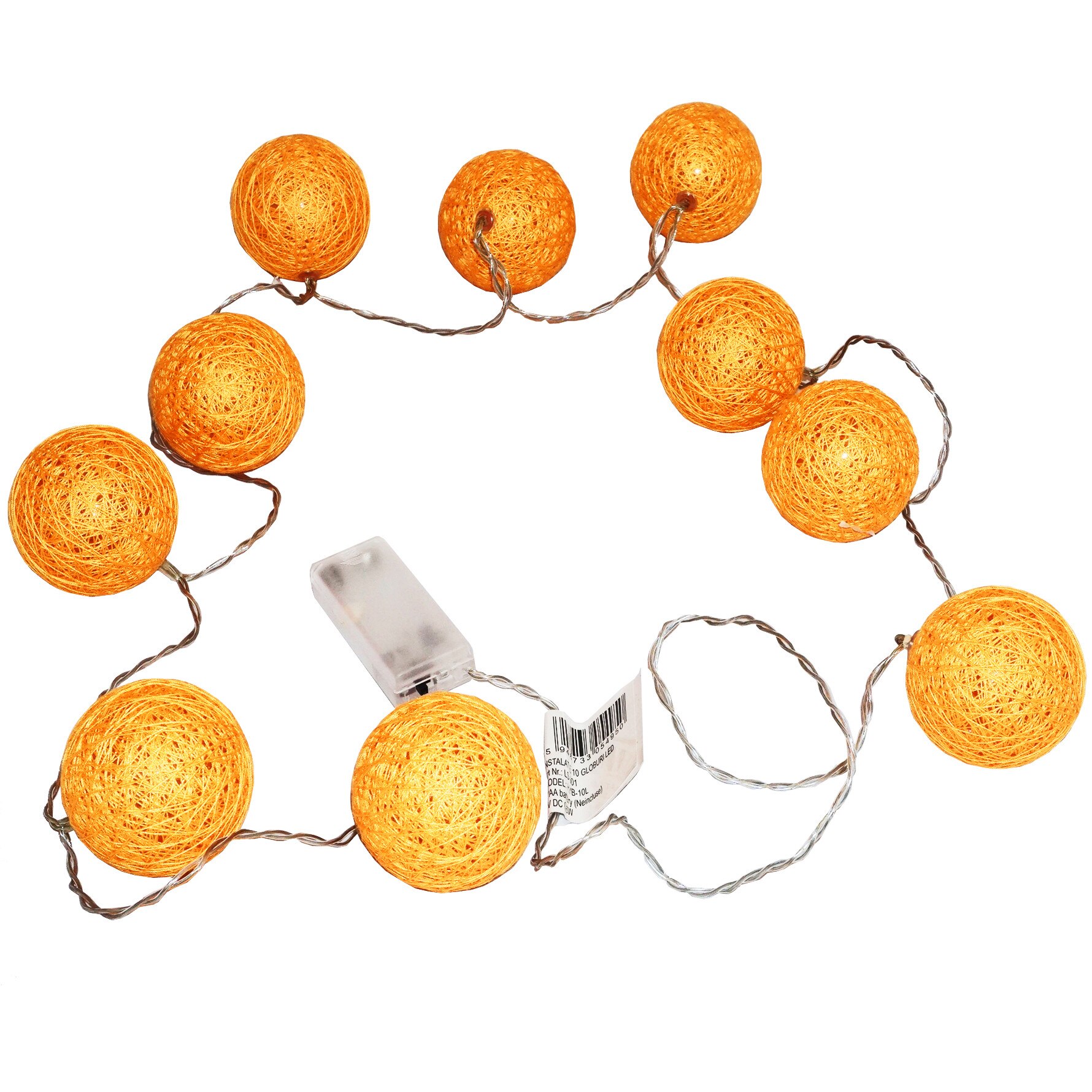 Instalatie de Craciun LED cu 10 globuri de bumbac, cu baterii, fir transparent 1,4 m, lumina alba calda