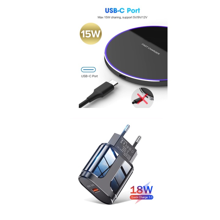 Incarcator wireless fast charge e-smartgadget, Aluminum Ultra Slim 15W, Black + Incarcator FAST Chargers 9V/1,67A or 5V/2A-