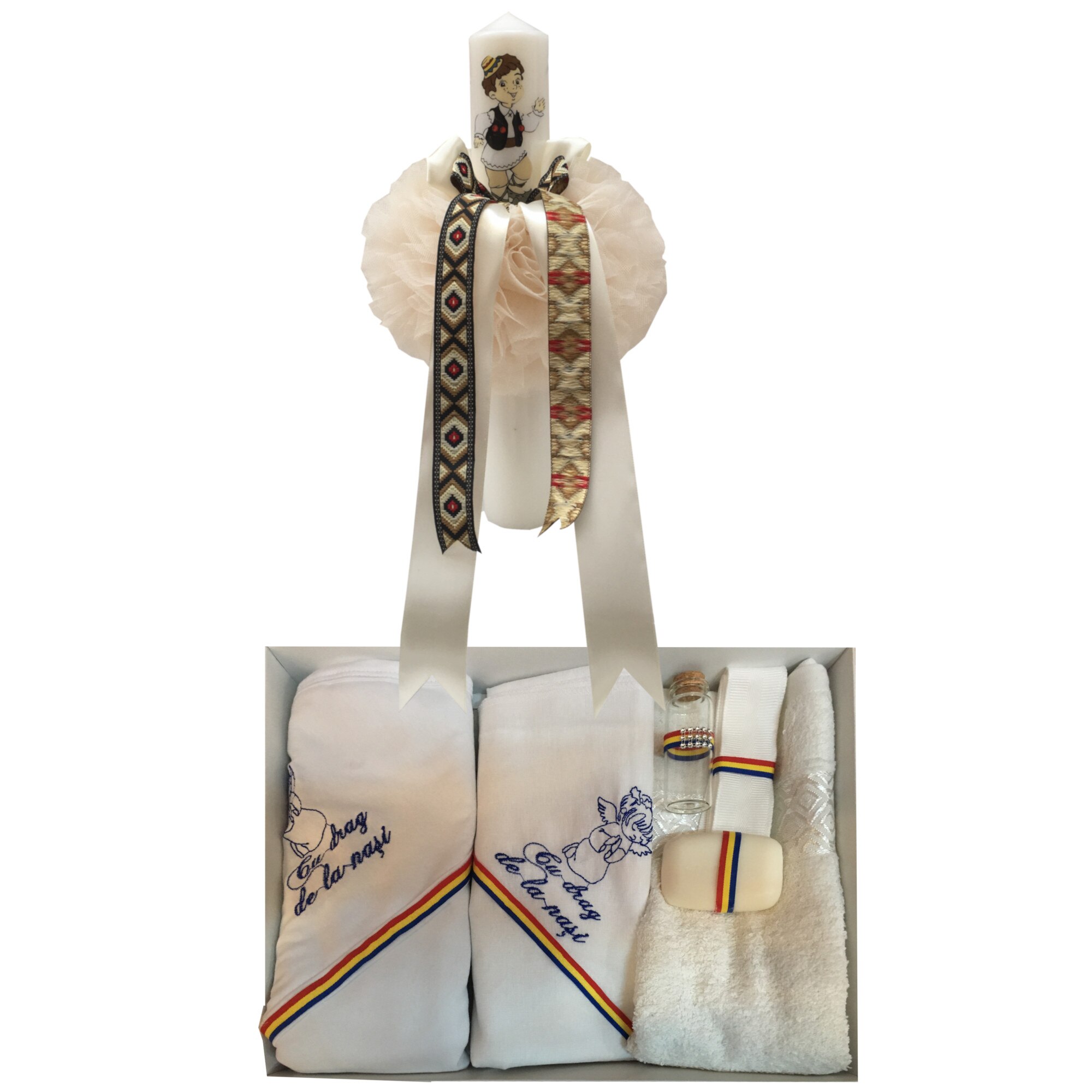 Set Botez, Lumanare traditionala si Trusou Botez cu Ingeras si mesaj Brodat 6 pcs.,Alb/Multicolor