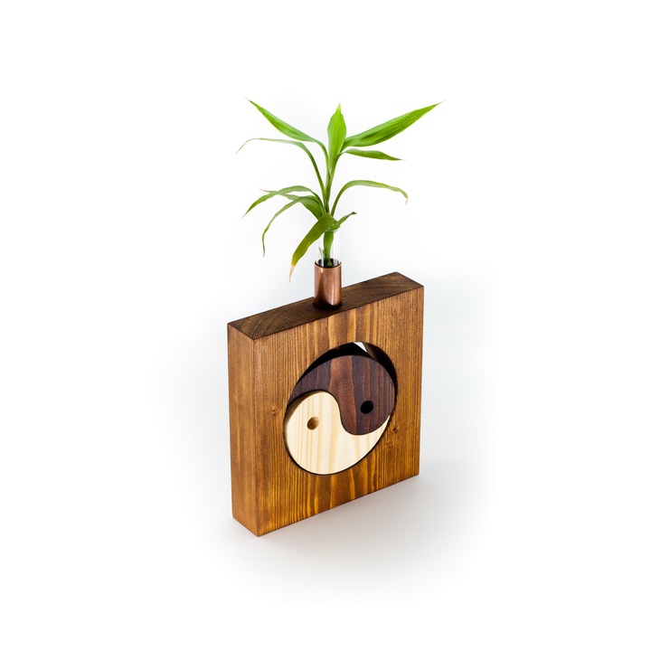 Vaza din lemn de brad si cupru, Yin-Yang, Lemnob, lucrata manual, 18 x 13 x 4 cm