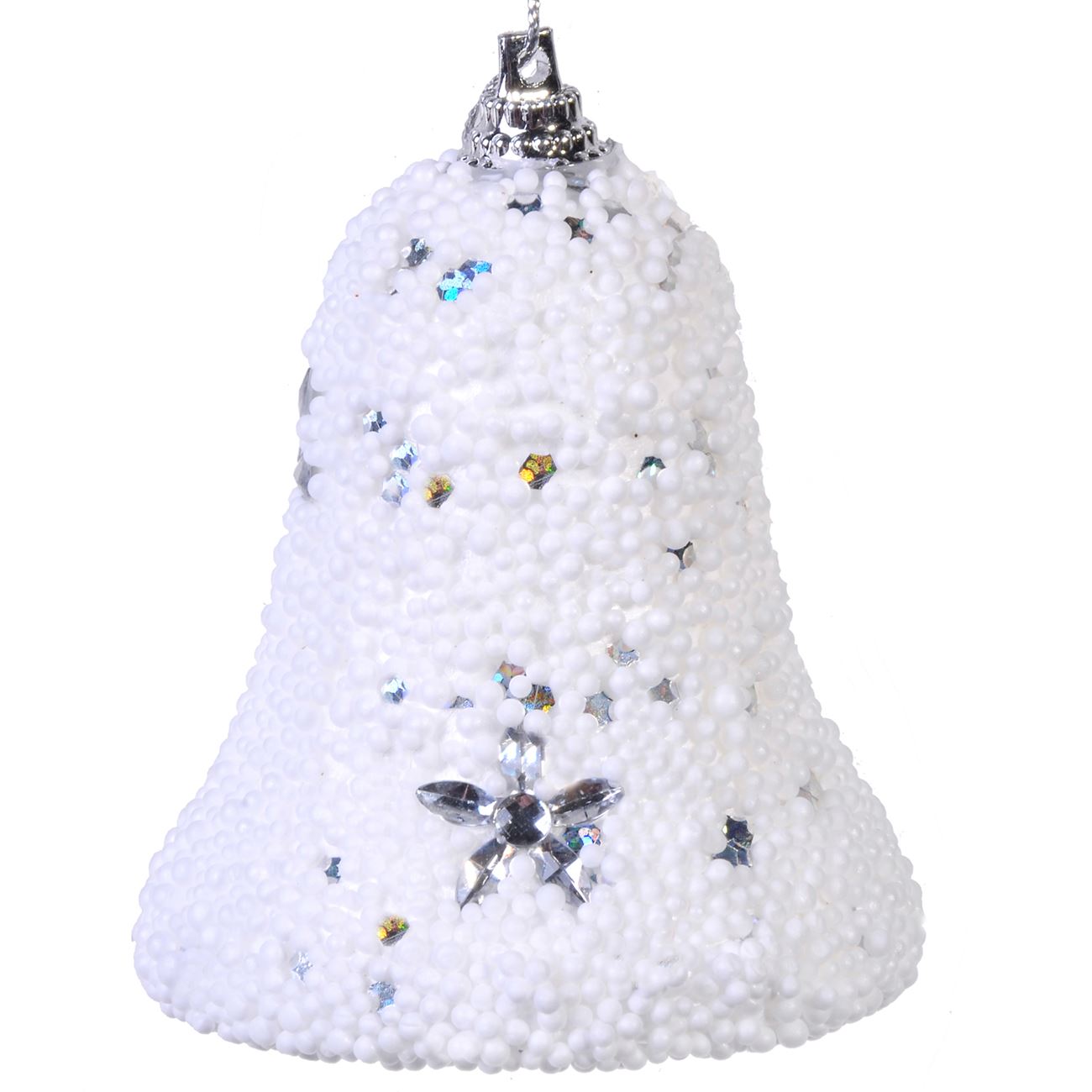 Set 6 globulete, Zola®, pentru bradut, albe, in forma de clopotei cu stelute argintii, 7 cm