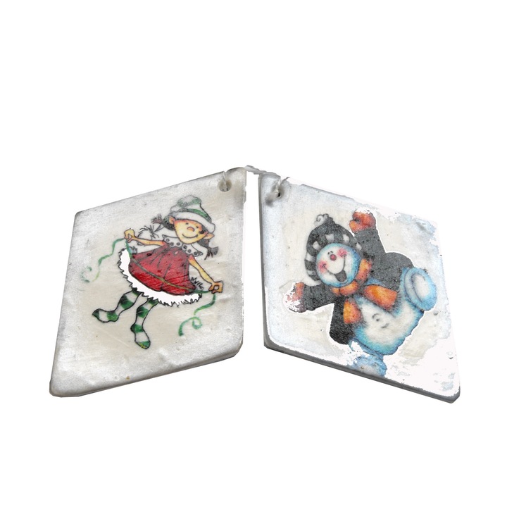 Figurine de Craciun-2, Set 2 decoratiuni romb cu imagini de Craciun, 2buc/set, HandMade