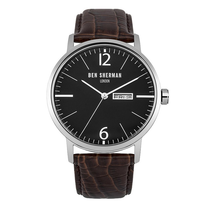 Ceas pentru barbati, Ben Sherman, curea din piele maro, cadran negru, WB046BR