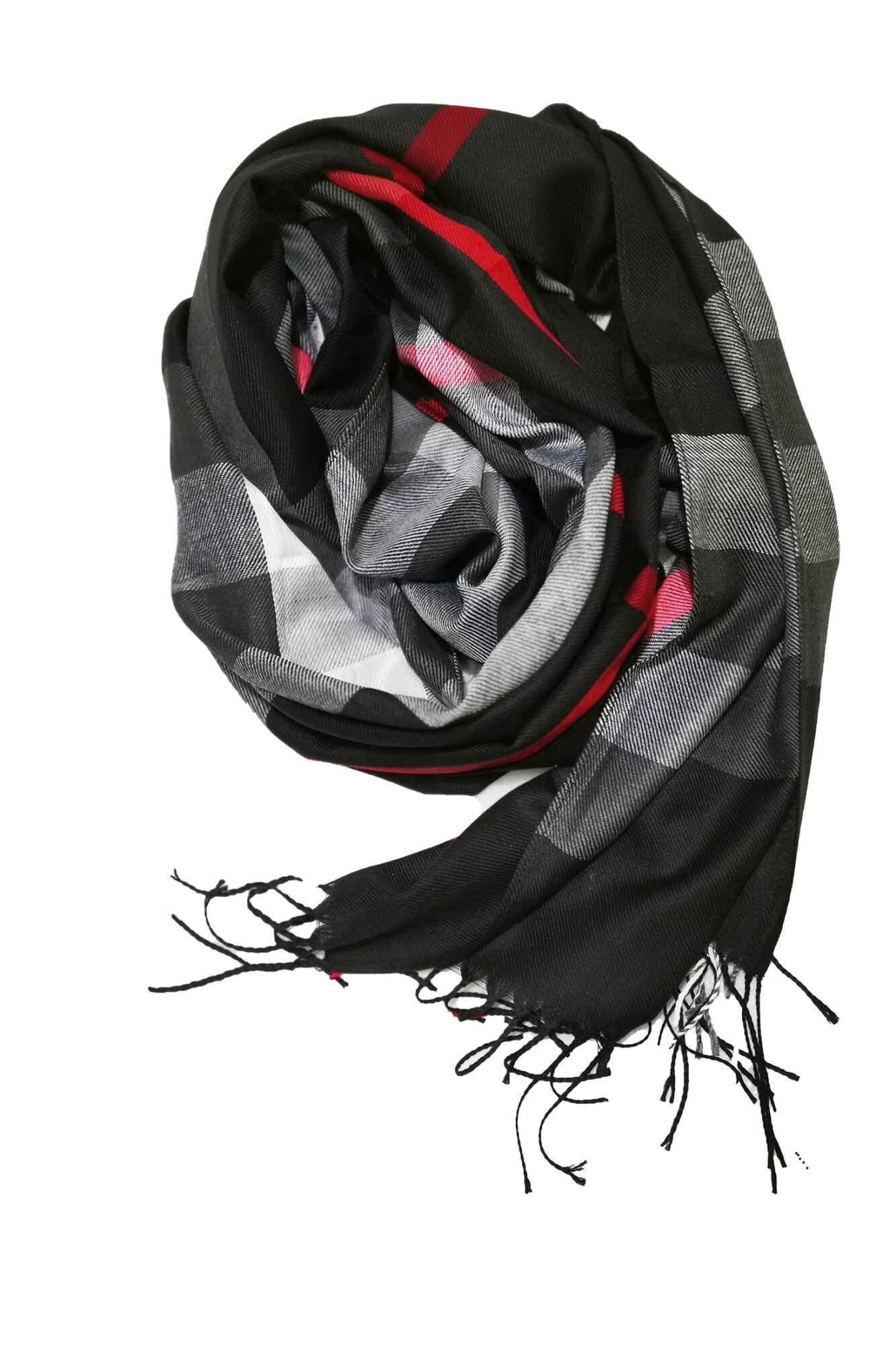 Fular lung gri cu negru din casmir, imprimeu geometric