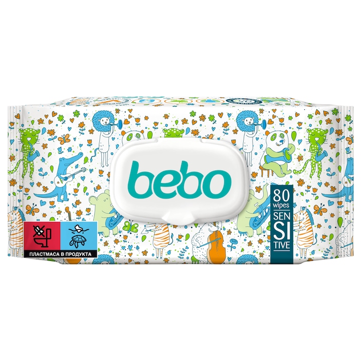 Влажни кърпички bebo Sensitive с пластмасов капак, 80 бр
