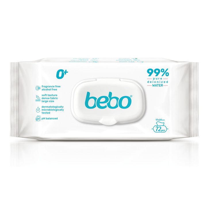 Влажни кърпички Bebo с вода, капак, 72 бр