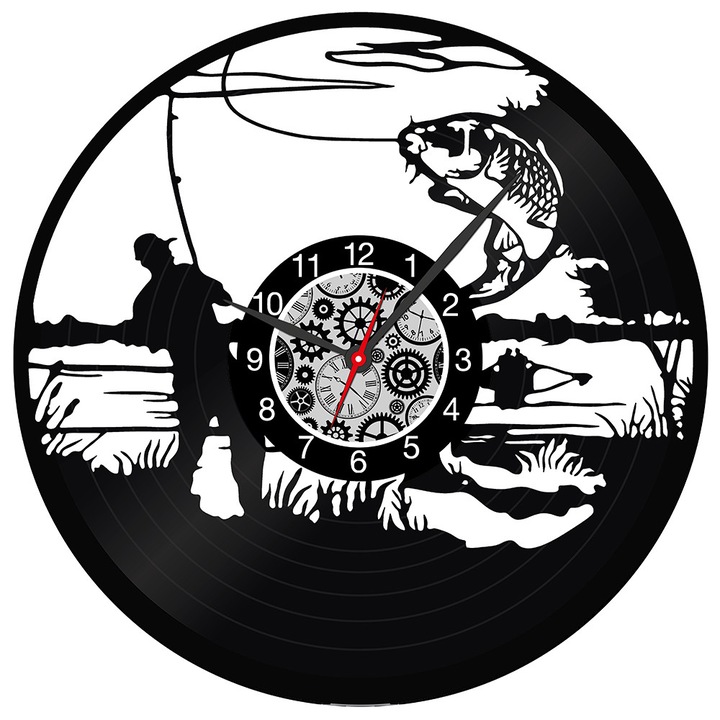 Ceas decorativ de perete din vinil - PESCAR, FD Studio, diametru 30 cm, Negru