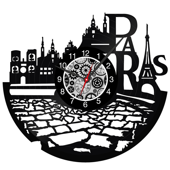 Ceas decorativ de perete din vinil - PARIS, FD Studio, diametru 30 cm, Negru