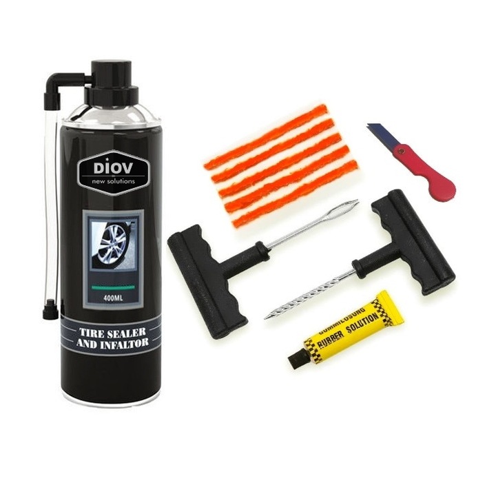 Kit Pana cu Snur Vulcanizare Auto la Rece, Adeziv Cauciuc si Spray Umflat, Peparat Anvelope Tubeless