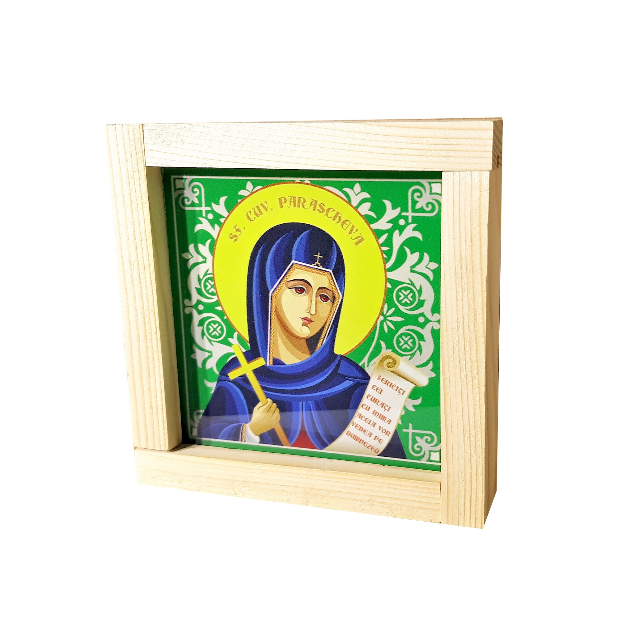 Cadou aniversar, Regalo - Icoana luminoasa Sfanta Parascheva, verde, 12,5 cm