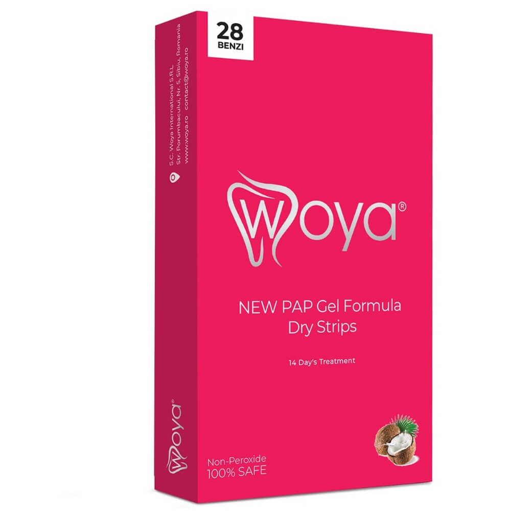 Benzi pentru albirea dintilor, profesionale, Woya Dry Strips cu PAP+ Gel, Vegan, 28 benzi Fara Peroxid