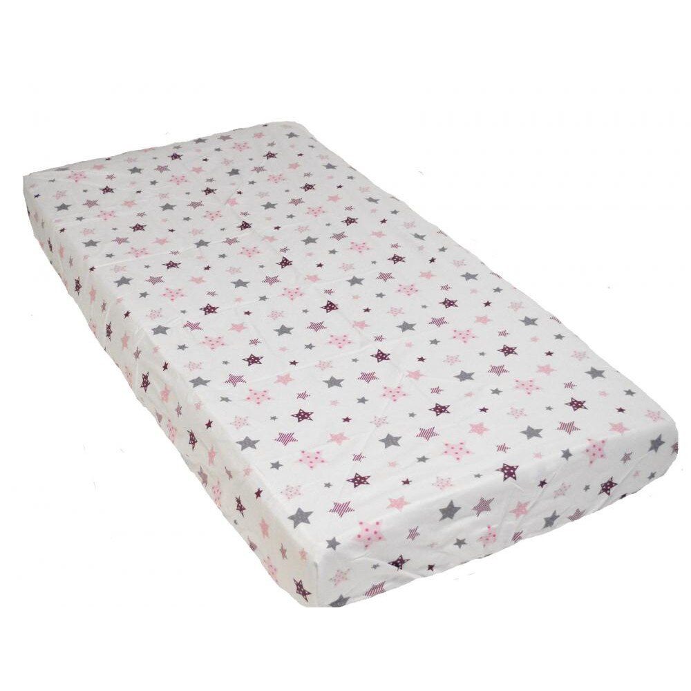 Cearceaf din bumbac cu elastic Stars Pink and Grey pe alb 120x60 cm
