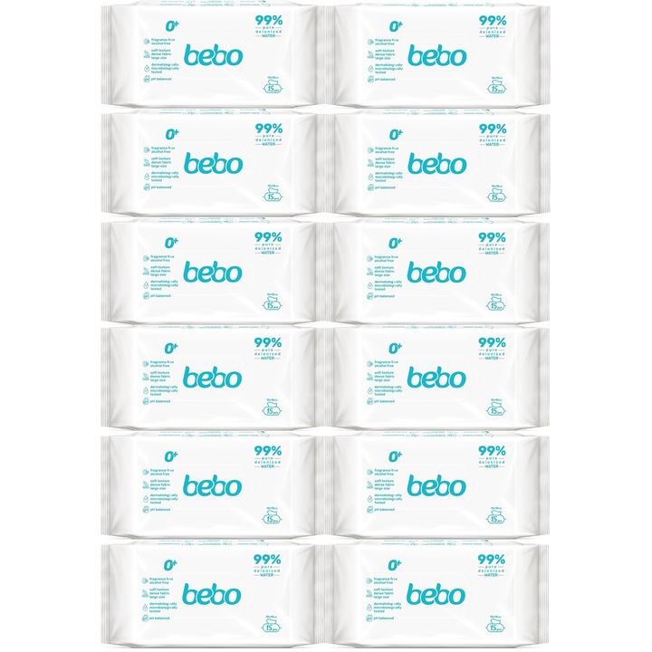 Влажни кърпички Bebo с вода, 11 пакета + 1 подарък, 15 бр