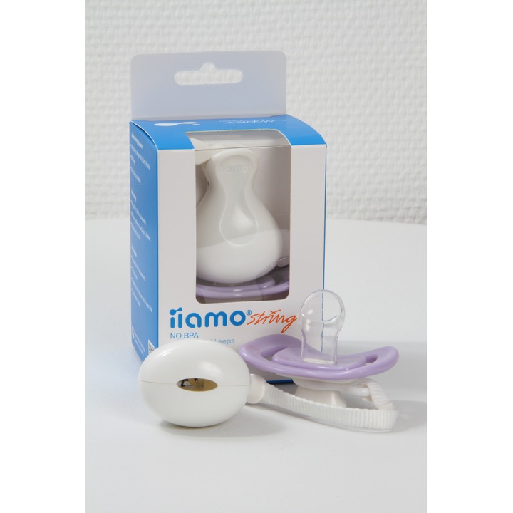 Биберон залъгалка с държач и протектор/кутийка iiamo string + peace, Лилав, 0-6 месеца