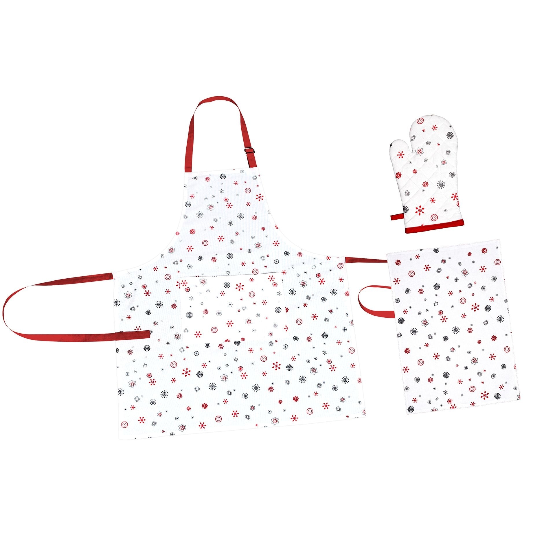 Sort de bucatarie, material bumbac, model fulgi de nea, culoare alb