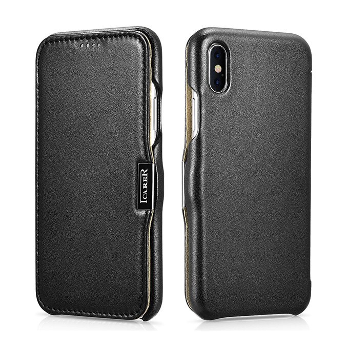 Husa iPhone XS Max, iCARER Luxury Side Open, piele naturala, tip carte, inchidere magnetica, culoare Negru