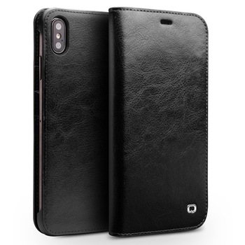 Husa iPhone XS Max, Qialino Classic Wallet, din piele fina tip carte, cu buzunare carduri si bani, culoare Negru