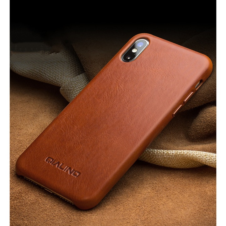 Кейс за iPhone XS Max, Qialino Classic, слим телешка кожа, тип задна корица, цвят Tobacco Brown