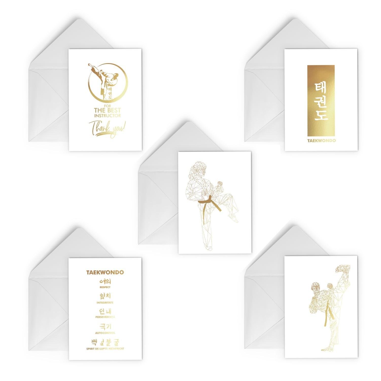 Set 5 felicitari cu plic, Taekwondo, arte martiale, colaj auriu