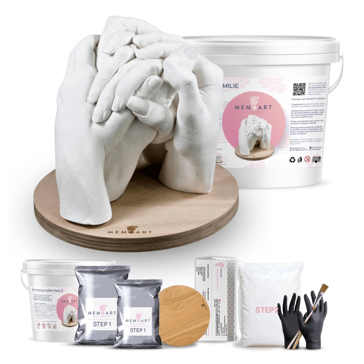 Kit mulaj maini 3D Familie + cadou suport din lemn de fag, pentru 2 maini adulte si 3 maini copii, MemoArt